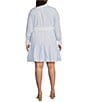 Color:Blue White - Image 2 - Plus Size Cotton Poplin Contrast Trim Point Collar Long Sleeve Button-Front Belted Tiered Shirt Dress