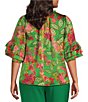 Color:Green Multi - Image 2 - Plus Size Floral Matte Satin Split Neck Ruffle 3/4 Sleeve Blouse