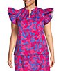 Color:Cerulean Pink - Image 1 - Plus Size Floral Print Split V-Neck Ruffle Cap Sleeve Coordinating Blouse
