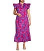 Color:Cerulean Pink - Image 3 - Plus Size Floral Print Split V-Neck Ruffle Cap Sleeve Coordinating Blouse