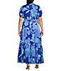 Color:Cobalt Blue - Image 2 - Plus Size Flroal Matte Satin Button Front Short Puff Sleeve Maxi Dress