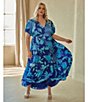 Color:Cobalt Blue - Image 4 - Plus Size Flroal Matte Satin Button Front Short Puff Sleeve Maxi Dress