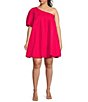 Color:Fuchsia - Image 1 - Plus Size Loraine Poplin Pleated One Bubble Sleeve Shift Mini Dress