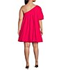Color:Fuchsia - Image 2 - Plus Size Loraine Poplin Pleated One Bubble Sleeve Shift Mini Dress