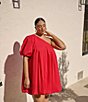 Color:Fuchsia - Image 4 - Plus Size Loraine Poplin Pleated One Bubble Sleeve Shift Mini Dress