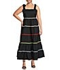 Color:Black - Image 1 - Plus Size Poplin Cotton Poplin Square Neck Tie Shoulder Strap Sleeveless Tiered Maxi Dress