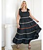 Color:Black - Image 4 - Plus Size Poplin Cotton Poplin Square Neck Tie Shoulder Strap Sleeveless Tiered Maxi Dress