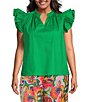 Color:Kelly-Green - Image 1 - Plus Size Risette Cotton V-Neck Ruffle Cap Sleeve Top