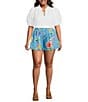 Color:Light Blue Multi - Image 4 - Plus Size Satin Tropical Floral Print Flowy Pull-On Shorts
