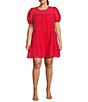 Color:Red - Image 1 - Plus Size Sheer Gingham Crew Neck Short Puff Sleeve Tiered Mini Dress