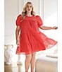 Color:Red - Image 4 - Plus Size Sheer Gingham Crew Neck Short Puff Sleeve Tiered Mini Dress