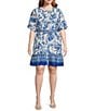 Color:Blue White - Image 1 - Plus Size Woven Border Floral Print Crew Neck Short Balloon Sleeve Button-Front Belted Shirt Dress