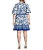 Color:Blue White - Image 2 - Plus Size Woven Border Floral Print Crew Neck Short Balloon Sleeve Button-Front Belted Shirt Dress
