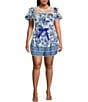 Color:Blue White - Image 3 - Plus Size Woven Border Floral Print High Waist Coordinating Pull-On Shorts