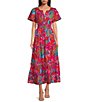 Color:Red Multi - Image 1 - Poplin Floral Print Ruffle Split V-Neck Short Sleeve Side Seam Pocket Smocked Waist A-Line Maxi Dress
