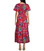 Color:Red Multi - Image 2 - Poplin Floral Print Ruffle Split V-Neck Short Sleeve Side Seam Pocket Smocked Waist A-Line Maxi Dress