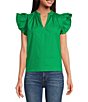 Color:Kelly-Green - Image 1 - Risette Cotton V-Neck Ruffle Cap Sleeve Top
