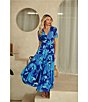 Color:Cobalt Blue - Image 5 - Satin Floral Print V-Neck Short Puff Sleeve Front Slit Button Front Maxi Dress