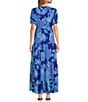 Color:Cobalt Blue - Image 2 - Satin Floral Print V-Neck Short Puff Sleeve Front Slit Button Front Maxi Dress