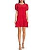 Color:Red - Image 1 - Sheer Gingham Crew Neck Short Puff Sleeve Tiered Mini Dress