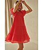 Color:Red - Image 4 - Sheer Gingham Crew Neck Short Puff Sleeve Tiered Mini Dress