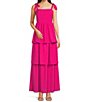 Color:Hot Pink - Image 1 - Square Neck Tie Sleeveless Tiered Maxi Dress