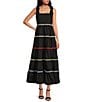 Color:Black - Image 1 - Stripe Square Neck Tie Strap Lace Trim Tiered Sleeveless Maxi Dress