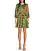 Color:Green Multi - Image 1 - Tropical Floral Print Crew Neck Balloon 3/4 Sleeve Tie Belt Mini Fit and Flare Dress