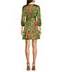 Color:Green Multi - Image 2 - Tropical Floral Print Crew Neck Balloon 3/4 Sleeve Tie Belt Mini Fit and Flare Dress