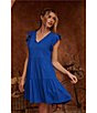 Color:Blue - Image 4 - V-Neck Flutter Cap Sleeve Tiered Babydoll Mini Dress