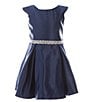 Color:Navy - Image 1 - Little Girls 2-6 Cap-Sleeve Rhinestone-Embellished-Waist Satin Fit-And-Flare Dress
