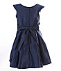 Color:Navy - Image 2 - Little Girls 2-6 Cap-Sleeve Rhinestone-Embellished-Waist Satin Fit-And-Flare Dress