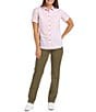 Color:Dusty Pink Check - Image 3 - Safari Collection Caitlyn Stretch Button Front Short Sleeve Top