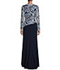 Color:Pacific Blue - Image 2 - Asymmetrical Embroidered Lace Boat Neck Long Sleeve Gown