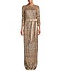 Color:Ginseng/Grey - Image 1 - Boat Neck 3/4 Sleeve Sequin Lace Illusion Ribbon Belt Gown