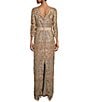 Color:Ginseng/Grey - Image 2 - Boat Neck 3/4 Sleeve Sequin Lace Illusion Ribbon Belt Gown
