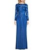 Color:Pacific Blue - Image 1 - Illusion Lace Boat Neck Long Sleeve Criss Cross Waist Metallic Jersey Gown