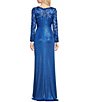 Color:Pacific Blue - Image 2 - Illusion Lace Boat Neck Long Sleeve Criss Cross Waist Metallic Jersey Gown