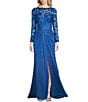Color:Pacific Blue - Image 3 - Illusion Lace Boat Neck Long Sleeve Criss Cross Waist Metallic Jersey Gown