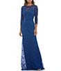Color:Blue Lago - Image 1 - Illusion Boat Neck 3/4 Sleeve Two Tone Floral Lace Scallop Hem Belted Gown