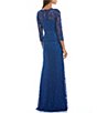 Color:Blue Lago - Image 2 - Illusion Boat Neck 3/4 Sleeve Two Tone Floral Lace Scallop Hem Belted Gown