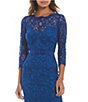 Color:Blue Lago - Image 3 - Illusion Boat Neck 3/4 Sleeve Two Tone Floral Lace Scallop Hem Belted Gown