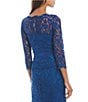 Color:Blue Lago - Image 4 - Illusion Boat Neck 3/4 Sleeve Two Tone Floral Lace Scallop Hem Belted Gown