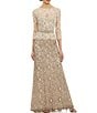 Color:Latte/Pumice - Image 1 - Illusion Boat Neck 3/4 Sleeve Two Tone Floral Lace Scallop Hem Belted Gown