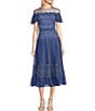 Color:Blue Stone - Image 1 - Illusion Off-the-Shoulder Corded Lace Cap Sleeve Dress