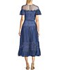 Color:Blue Stone - Image 2 - Illusion Off-the-Shoulder Corded Lace Cap Sleeve Dress