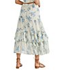 Color:Bluebell - Image 6 - Bluebell Print High-Low Tiered Ruffled Hem Sassy Midi Skirt