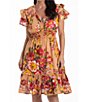 Color:Valencia - Image 1 - Costa V-Neck Ruffle Sleeve Valencia Floral Metallic Print Dress