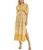 Color:Gold Rust - Image 1 - Printed V-Neck Dolman Sleeve Cinched Self Tie Waist Tassel Maxi Dress