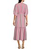 Color:Tiffany Pink - Image 2 - Striped V-Neckline Elbow Length Sleeve Tiered Bottom Maxi Dress